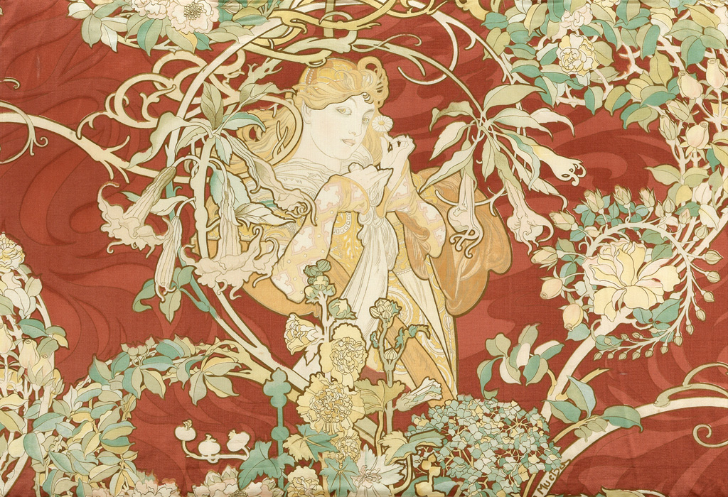 ALPHONSE MUCHA (1860-1939). [FEMME À LA MARGUERITE.] Satin panel. Circa 1898. 20x39 inches, 52x78 cm.